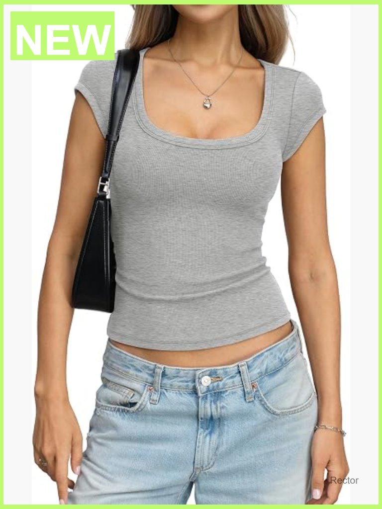 Ribbed Scoop Neck Cap Sleeve T-Shirt Slim Fit Summer Top